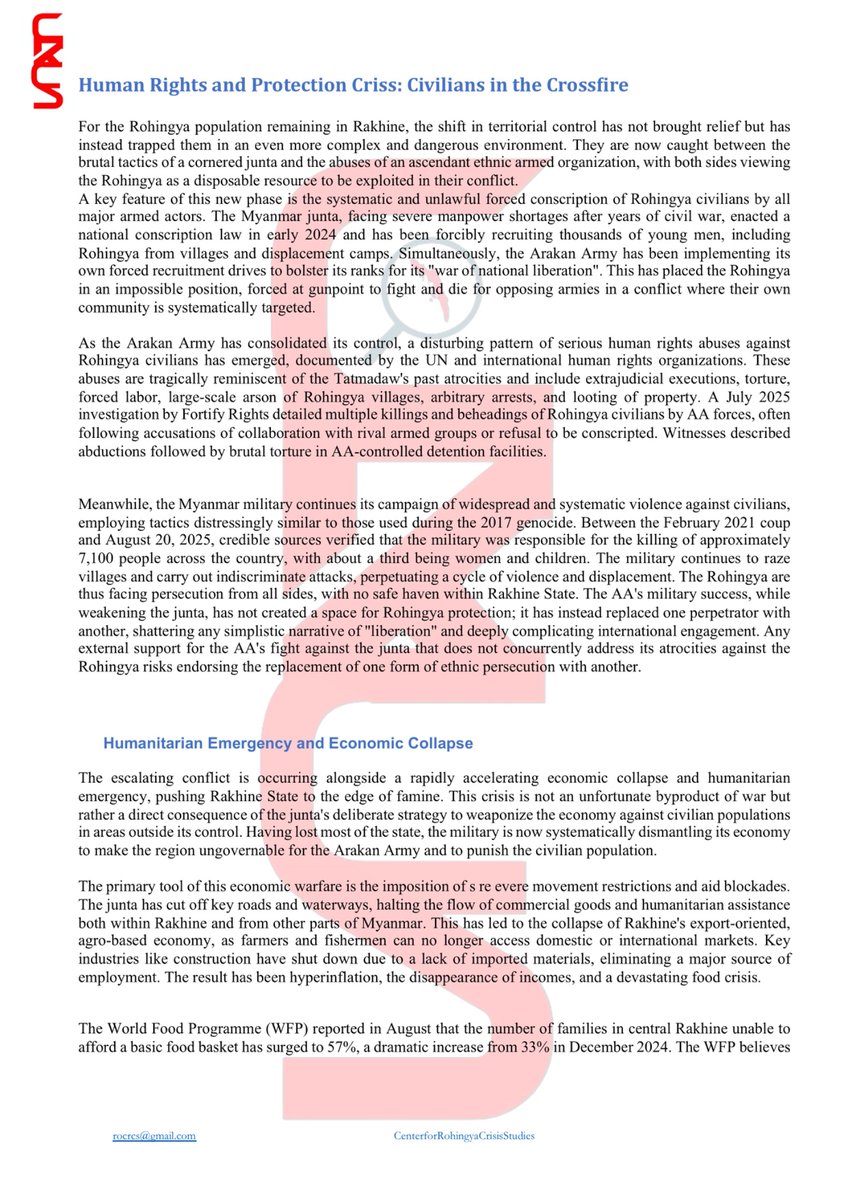 Bangladesh response collapsing: rations cut, 6,400+ learning centers closed, child malnutrition at emergency levels.
🌏 Regionally, India expels Rohingya, Malaysia detains 110k+, Indonesia struggles with new arrivals.

#CRCS #Arakan #Rohingya #MonthlyReport