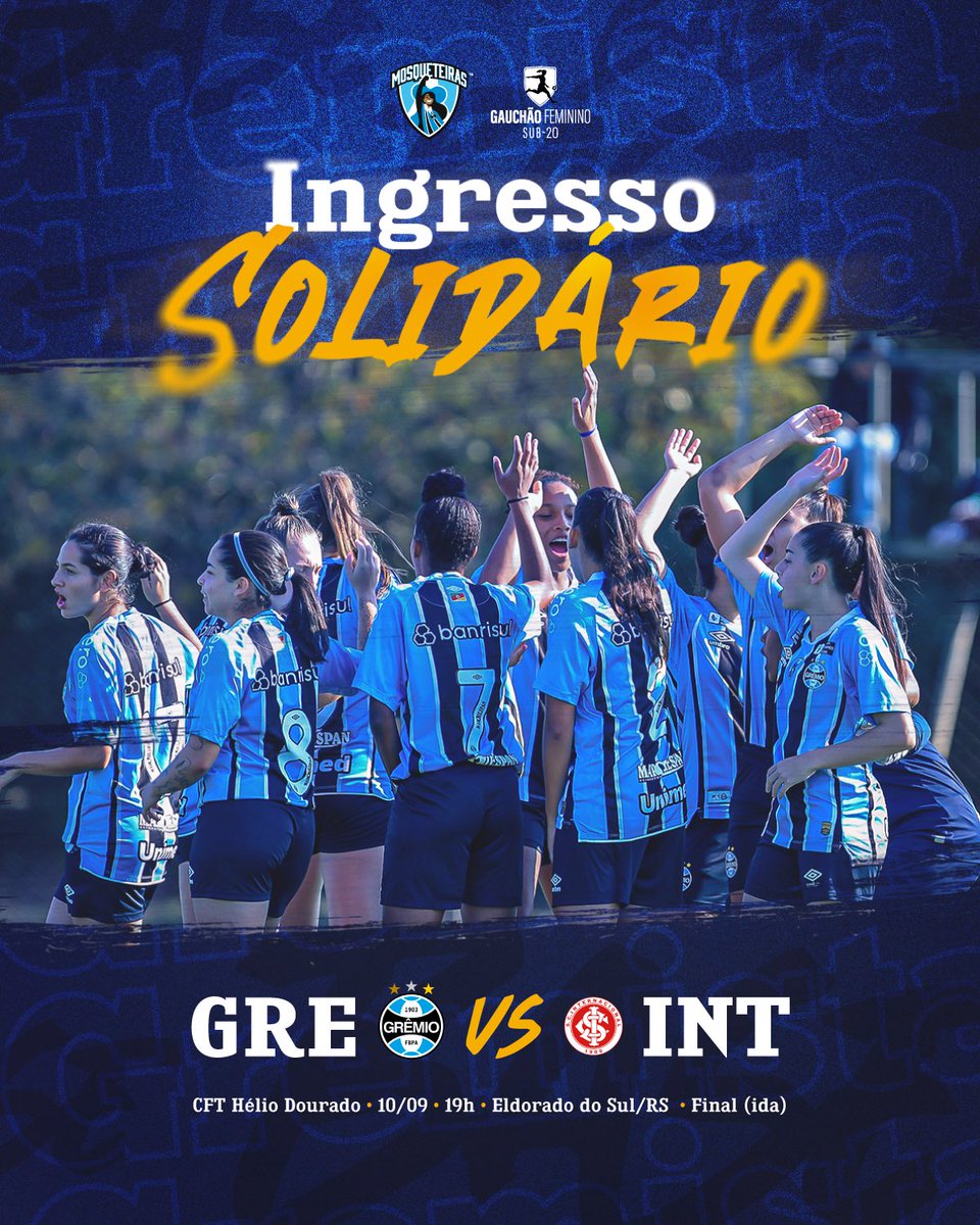 QUARTA É DECISÃO! 🇪🇪 A primeira batalha pela final do #GauchãoFemininoSub20 é em casa e o teu apoio é a nossa força! 

🏟️ 𝐂𝐅𝐓 𝐇é𝐥𝐢𝐨 𝐃𝐨𝐮𝐫𝐚𝐝𝐨, 𝟏𝟗𝐡
🎫 A entrada é 𝟏𝐊𝐠 𝐝𝐞 𝐚𝐥𝐢𝐦𝐞𝐧𝐭𝐨!

⚔️ Vamos juntas lutar pela vitória!

Leia mais: gremio.net/noticias/detal…
