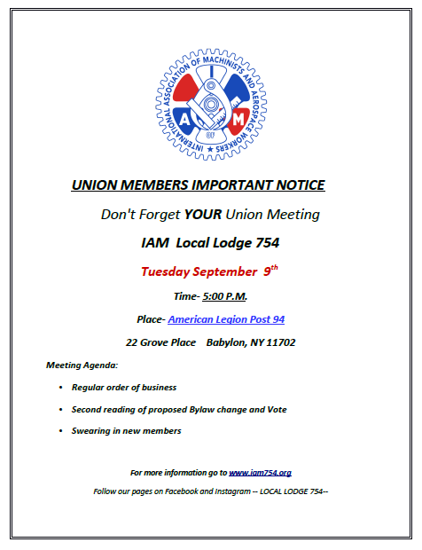 The September general meeting of Local 754 is Tomorrow, Tuesday Sept 9th at 5pm.