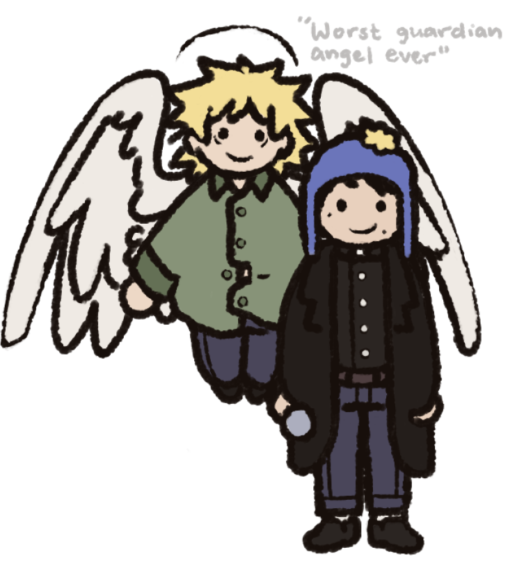 migianyu's tweet image. I don&apos;t know if I&apos;m gonna post anything today but I gotta keep the ball rolling so take an edited version of this drawing cause Tweek being the worst guardian angel ever is funny to me