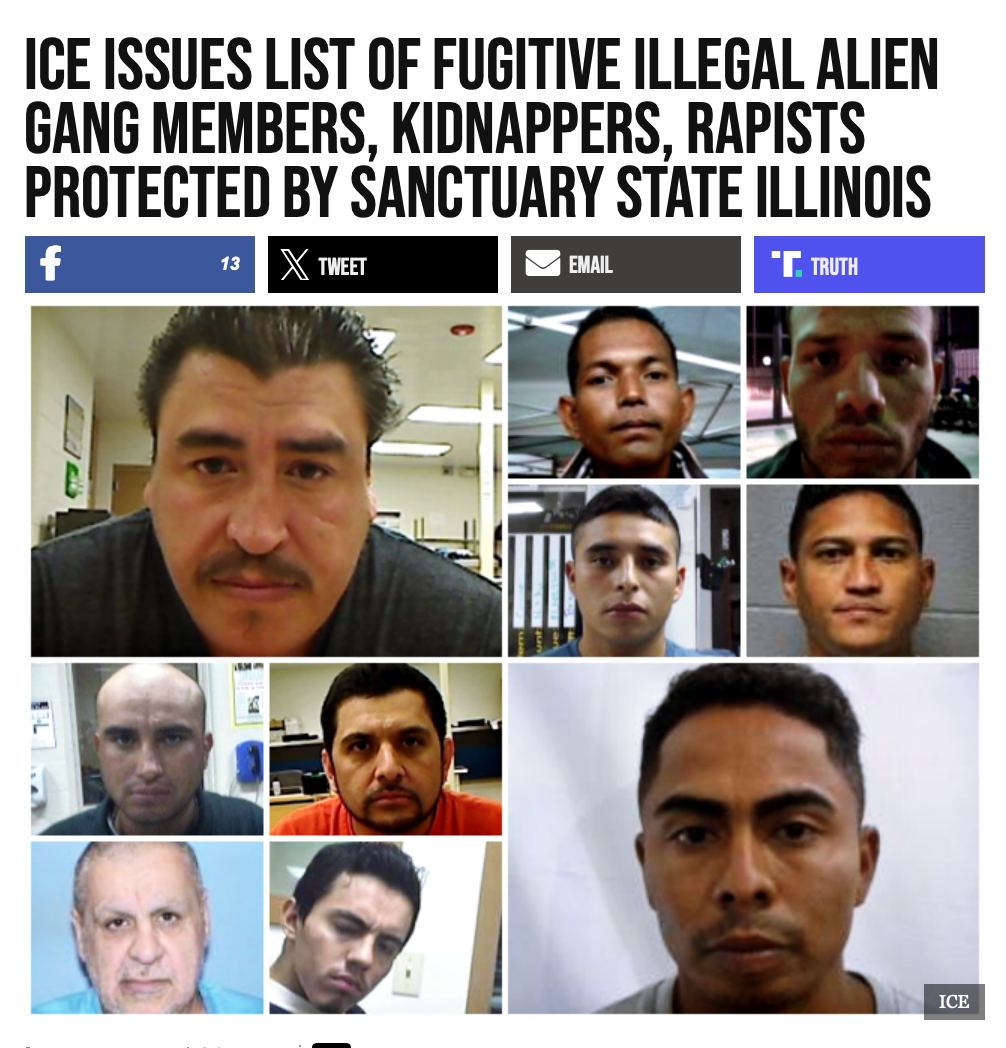 ICE has released a list of fuigitive criminal illegals currently being protected by the sanctuary state of Illinois as DHS launches Operation Midway Blitz in Chicago. The list includes known members of Tren de Aragua, Latin Kings, and the Two Six gang with a list of charges