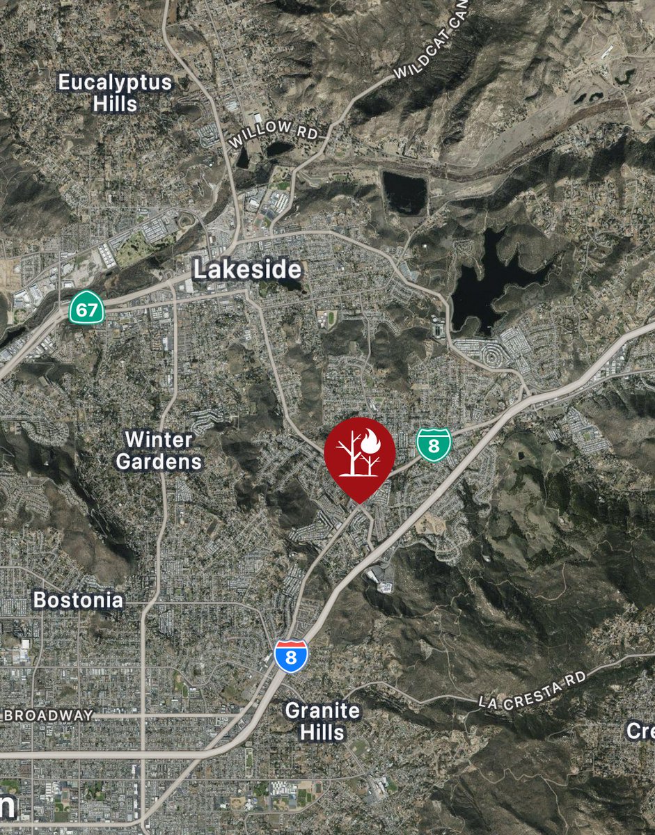 <a href="/CALFIRESANDIEGO/">CAL FIRE/San Diego County Fire</a> is at scene with cooperators of a vegetation fire north of Interstate 8 at Los Coches Rd in Lakeside. Fire is 10 acres, moderate rate of spread with structures immediately threatened. Evacuations in progress; please leave the immediate area. #CochesFire