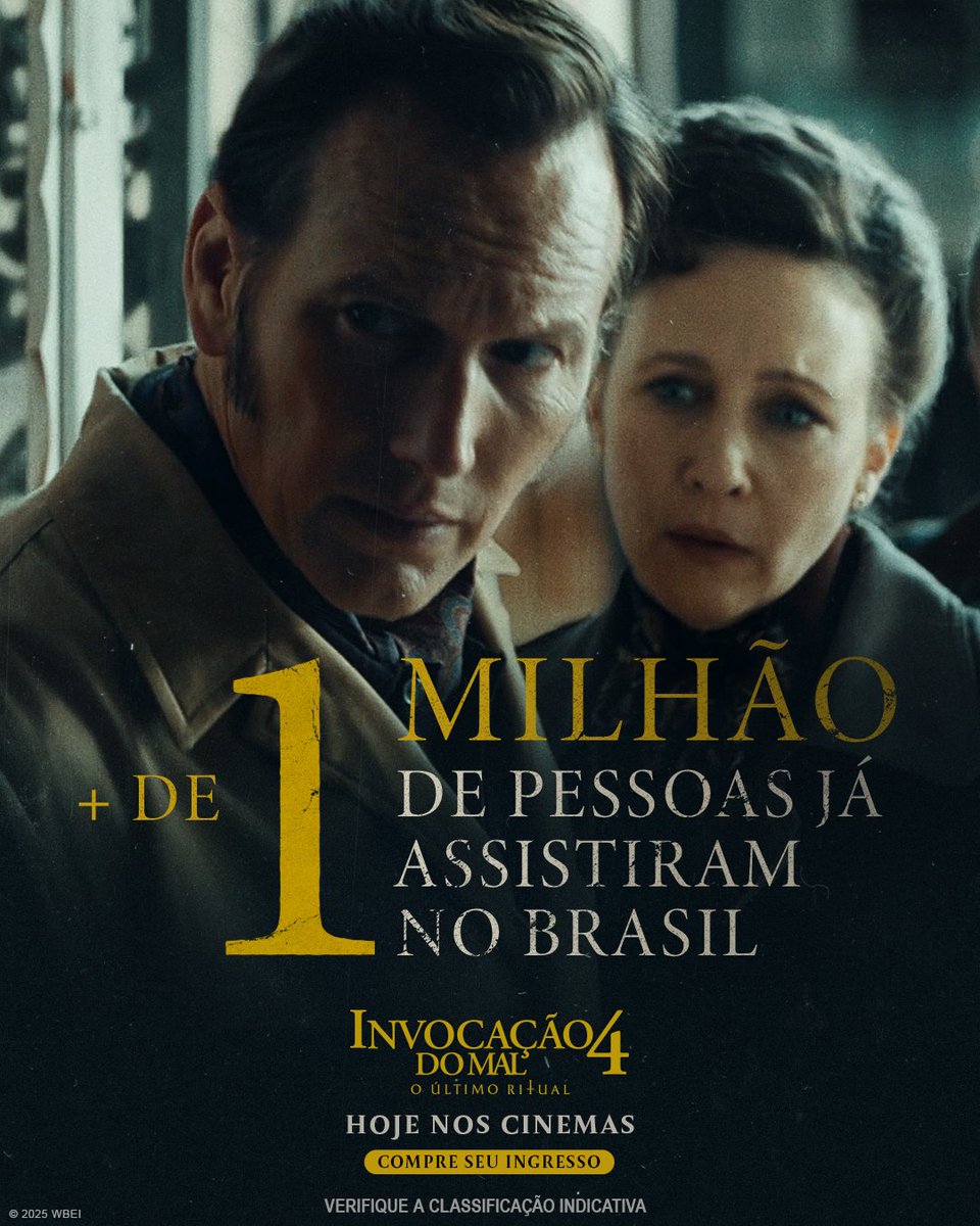 Mais de 1 milhão de pessoas no Brasil já prestigiaram o Último Ritual dos Warren em Invocação do Mal 4. E você, já foi conferir?"
#InvocaçãoDoMal4: O Último Ritual - Hoje, somente nos cinemas. Compre já seu ingresso no link invocacaodomal4filme.com.br