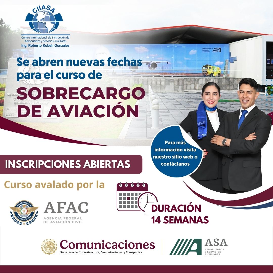 ¡Estudia para Sobrecargo de Aviación en el CIIASA! Programa de formación teórica y práctica en seguridad, manejo de emergencias y protocolos internacionales. Modalidad presencial. Conoce más en: ciiasa.asa.gob.mx Contáctanos en WhatsApp al lc.cx/zwWV9S
