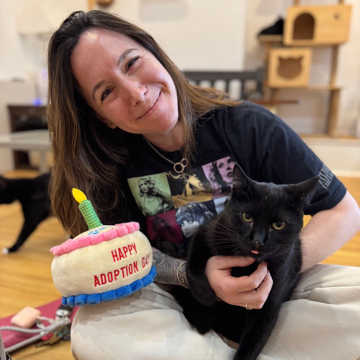 Adoption #1108: Lilith! This playful, sweet girl grew up in the cat lounge. When she arrived with her siblings, they were adorable little kittens, and when she left, she was full of fun, love, and a little wrestle! We’re thrilled to see her go home. Congrats, Lilith!