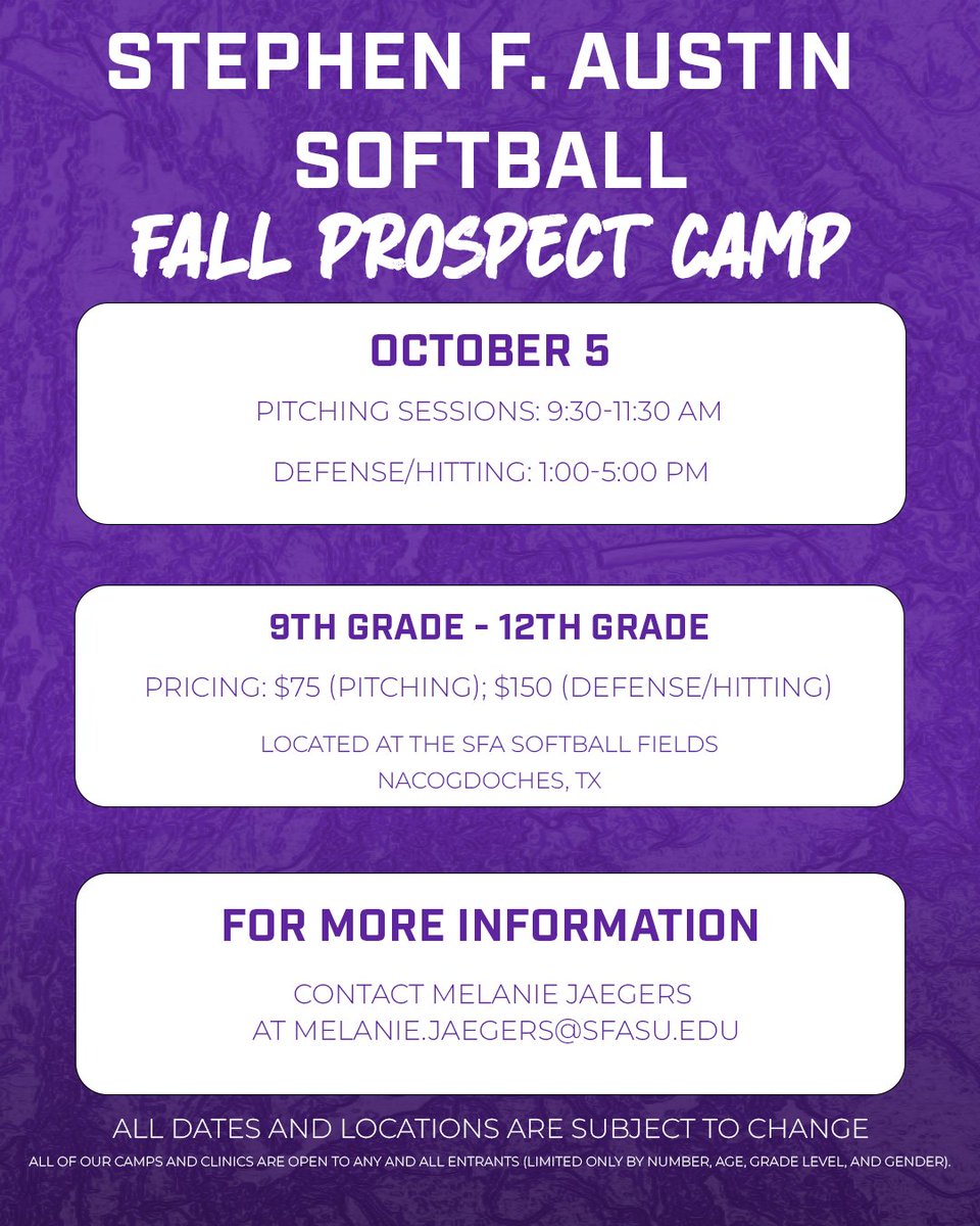 Fall Camp is HERE! 🤩

Be sure to sign up for our fall prospect camp on October 5th.

🔗: jeffjacksonsoftballcamps.com

#AxeEm