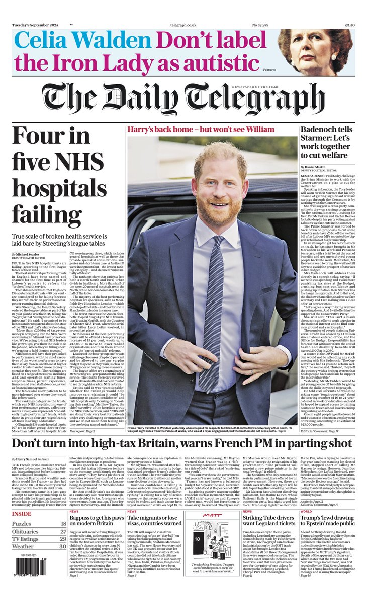 The front page of tomorrow's Daily Telegraph:

'Four in five NHS hospitals failing'

#TomorrowsPapersToday