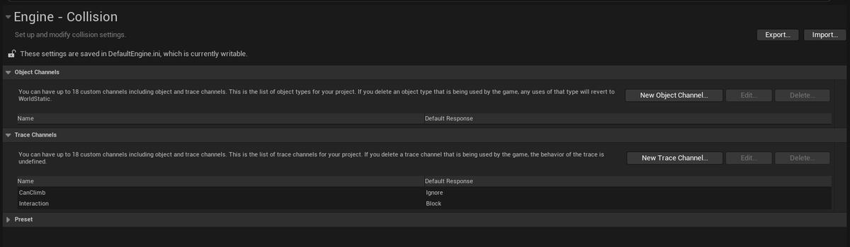 BroadcastZero_0's tweet photo. #UE5 Tidbit Tip
Most tutorials skip this: BUT set up custom trace channels early.
Need to trace interactable but ignore climbable? Or detect via camera but block other traces?
This solves it.
UE supports 18 custom trace and 18 object channels.
#Outpost12 #UE5 #gamedev https://t.co/eH9QI9p2KJ