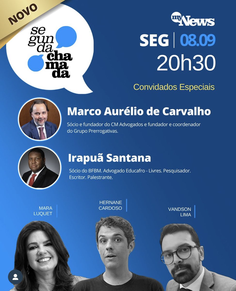 Daqui a pouco estarei na #SegundaChamada do <a href="/CanalMyNews/">MyNews</a> para comentar um pouco do julgamento da semana envolvendo o Bolsonaro no STF