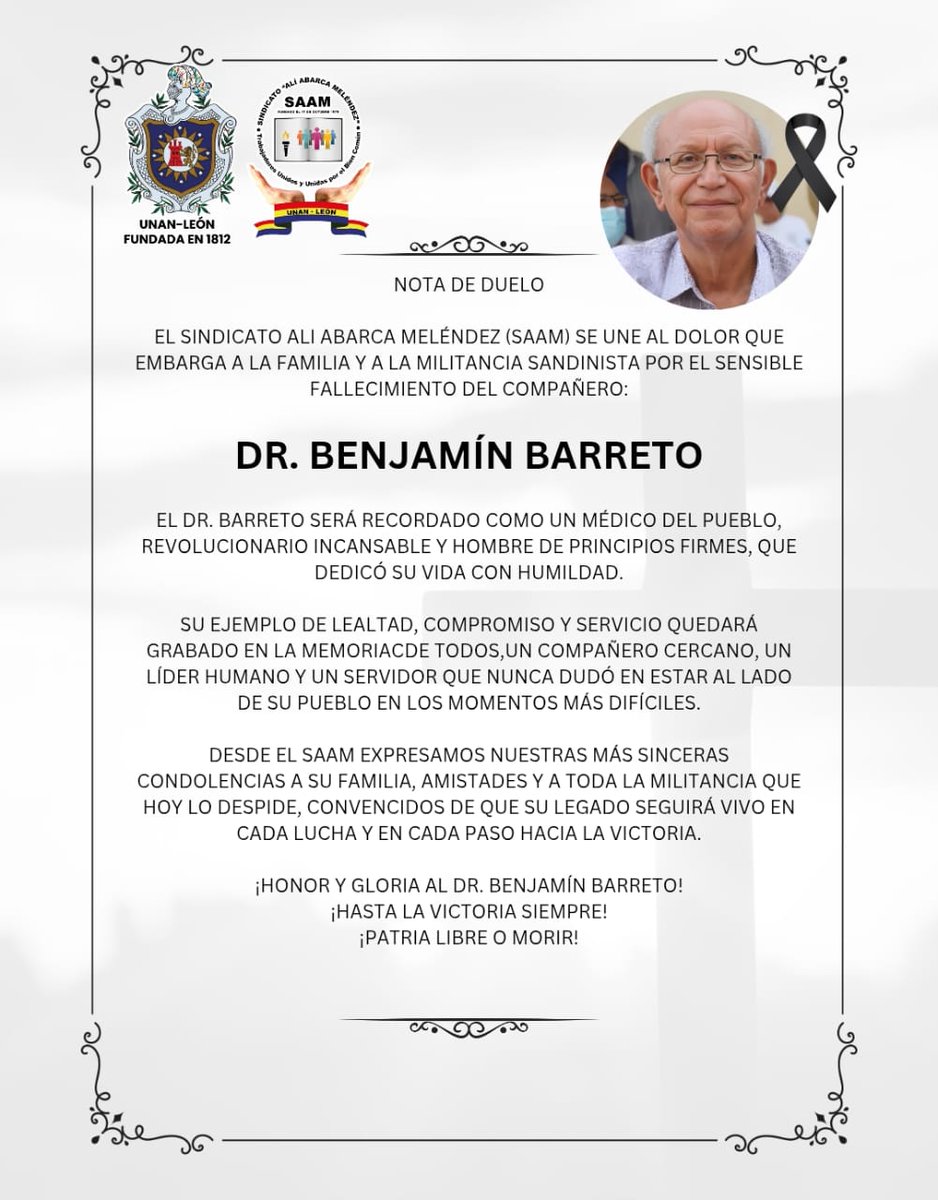 NOTA DE DUELO 🕊️

El Sindicato Ali Abarca Meléndez (SAAM) se une al dolor que embarga a la familia y a la militancia sandinista por el sensible fallecimiento del compañeron hermano y amigo
Dr. Benjamín Barreto Baca

*Hasta la Victoria Siempre!*