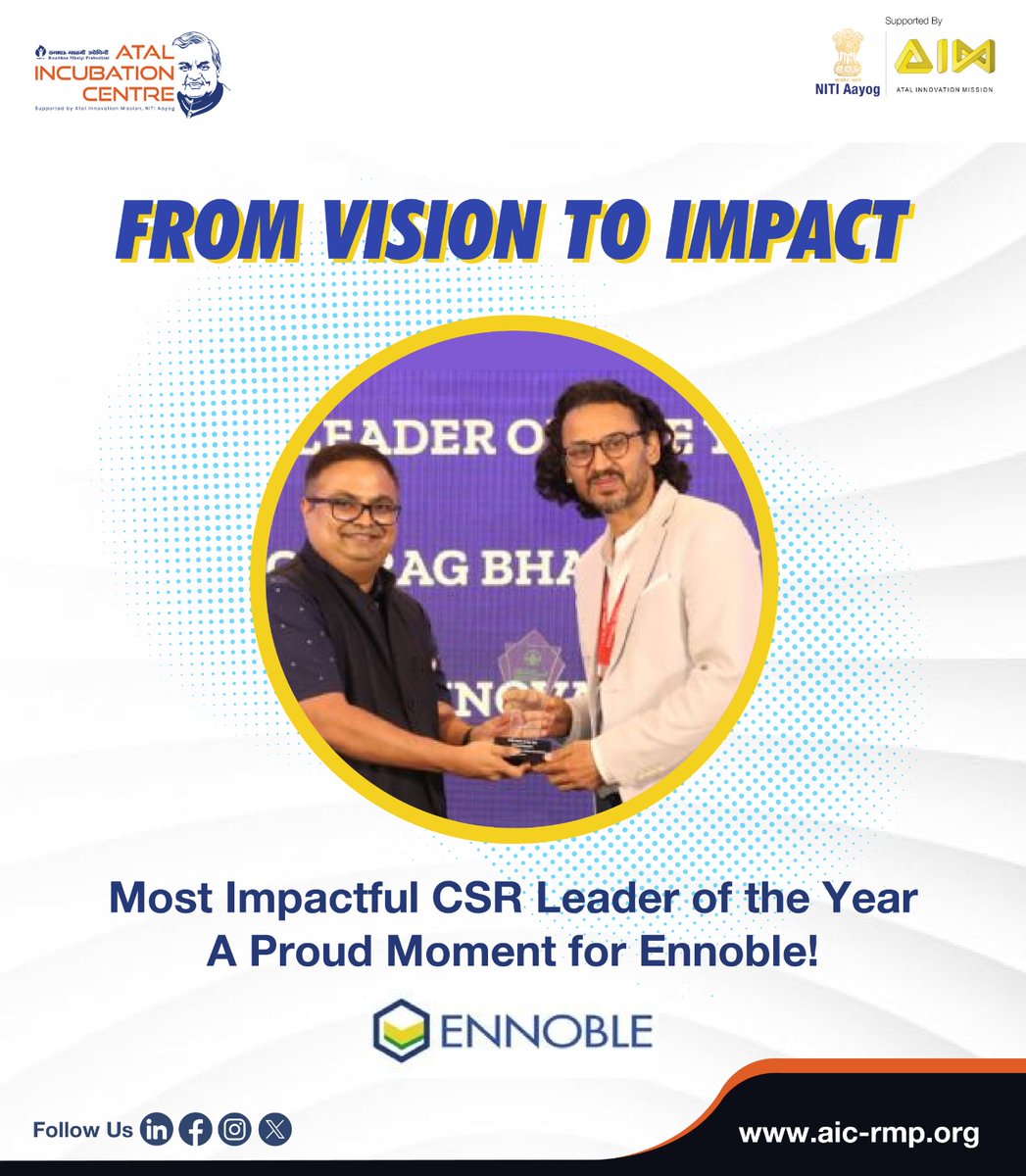 We proudly celebrate our 1st Cohort incubatee EnnobleSocial, led by ChiragBhandari, for winning ‘Most Impactful CSR Leader of the Year’at the 14th Indian CSR Summit 2025!
From 150+ govt schools to 75K+ lives touched—purpose drives change.
#AICRMP #StartupSuccess #CSRLeadership