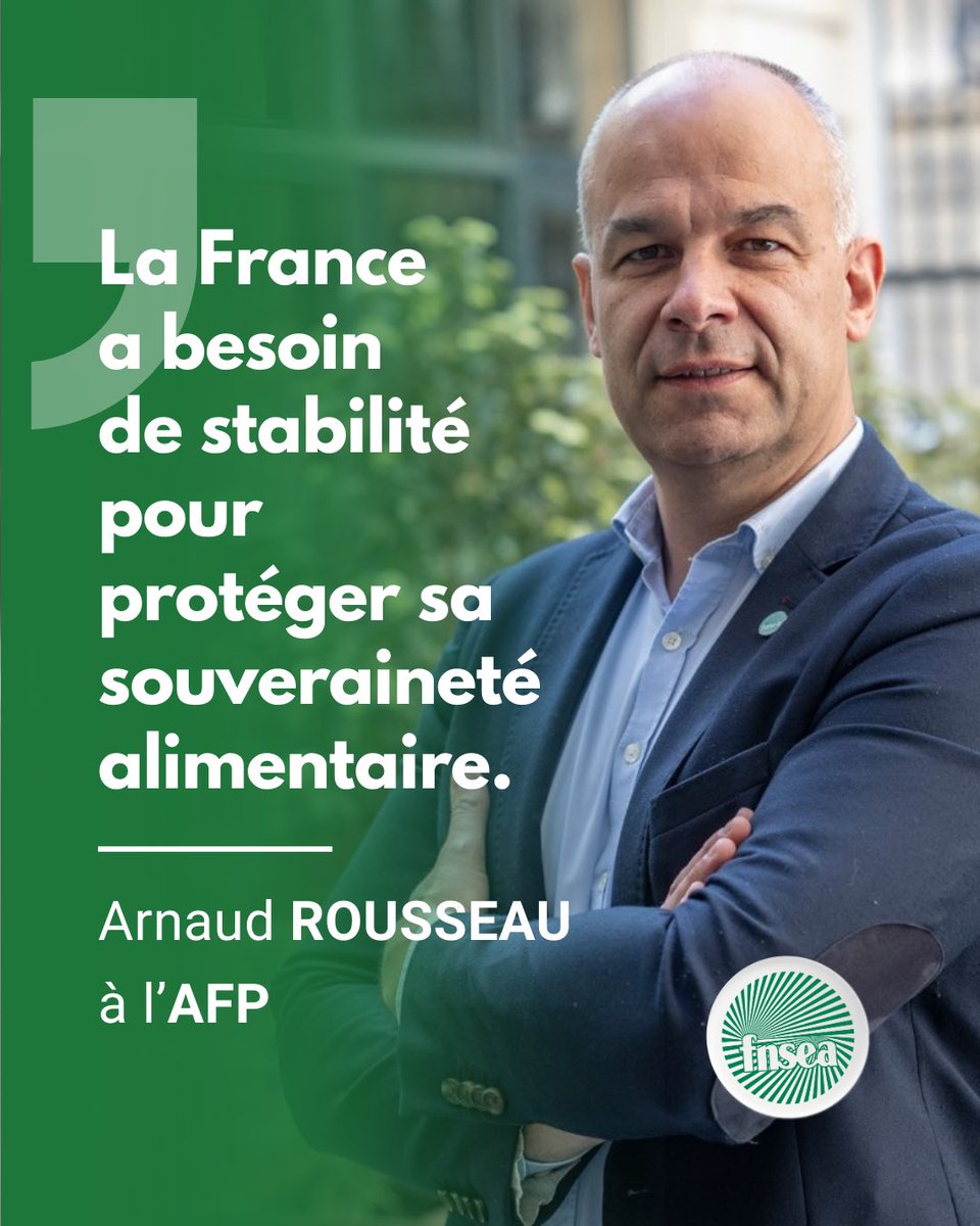 La FNSEA prend acte du résultat du vote de confiance à l’#AssembleeNationale et de l’instabilité politique qui continue à fragiliser le monde agricole.

La France a besoin de stabilité pour protéger sa souveraineté alimentaire. 
Réaction d’<a href="/rousseautrocy/">Arnaud Rousseau</a> ⤵️