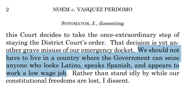 EliNSavit's tweet photo. Today, SCOTUS allowed the government to seize those who look Latino, speak Spanish/accented English, &amp; work a (legal!) low-wage job.

More litigation ahead. But this decision—&amp; what it allows—is repulsive to our Constitution &amp; freedom. It'll be remembered as such for generations. https://t.co/mYkByyMWXb