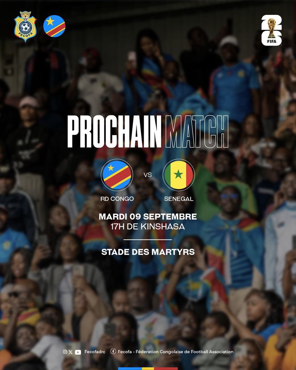 MasoloSport's tweet photo. [⚽ 𝐏𝐑𝐎𝐂𝐇𝐀𝐈𝐍 𝐌𝐀𝐓𝐂𝐇 🇨🇩⚔️🇸🇳]

🐆 Les Léopards poursuivent leur parcours dans les Éliminatoires de la Coupe du Monde 2026 !

🔥 Rendez-vous ce mardi 09 septembre à 17h au Stade des Martyrs pour un duel de haut niveau face au Sénégal. https://t.co/xCsi9L314G
