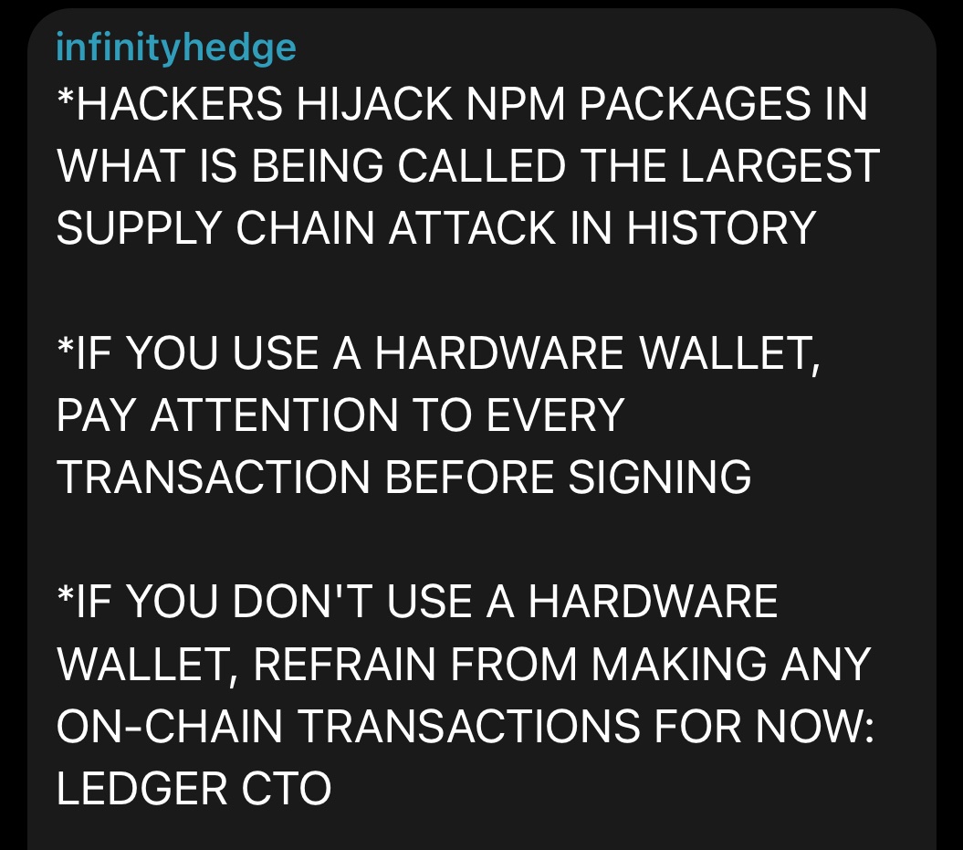 StackerSatoshi's tweet photo. 🚨 WARNING 🚨

Ledger CTO advises to avoid making any onchain transactions if possible due to a massive ongoing supply chain attack targeting crypto users. https://t.co/WvPVXkzgke