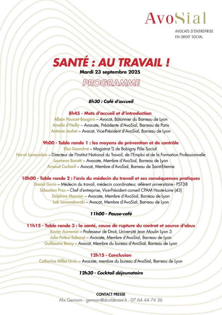 🚨 J-14 🚨 Colloque sur la #santé au #travail : regard de l'#avocat, du magistrat, du chef d'#entreprise, du médecin sur ce sujet essentiel pour les employeurs, les salariés, l'économie.
📅 Mardi 23 septembre 2025
📍 Ordre des avocats du Barreau de Lyon
🕣8h30-13h30
#droitsocial