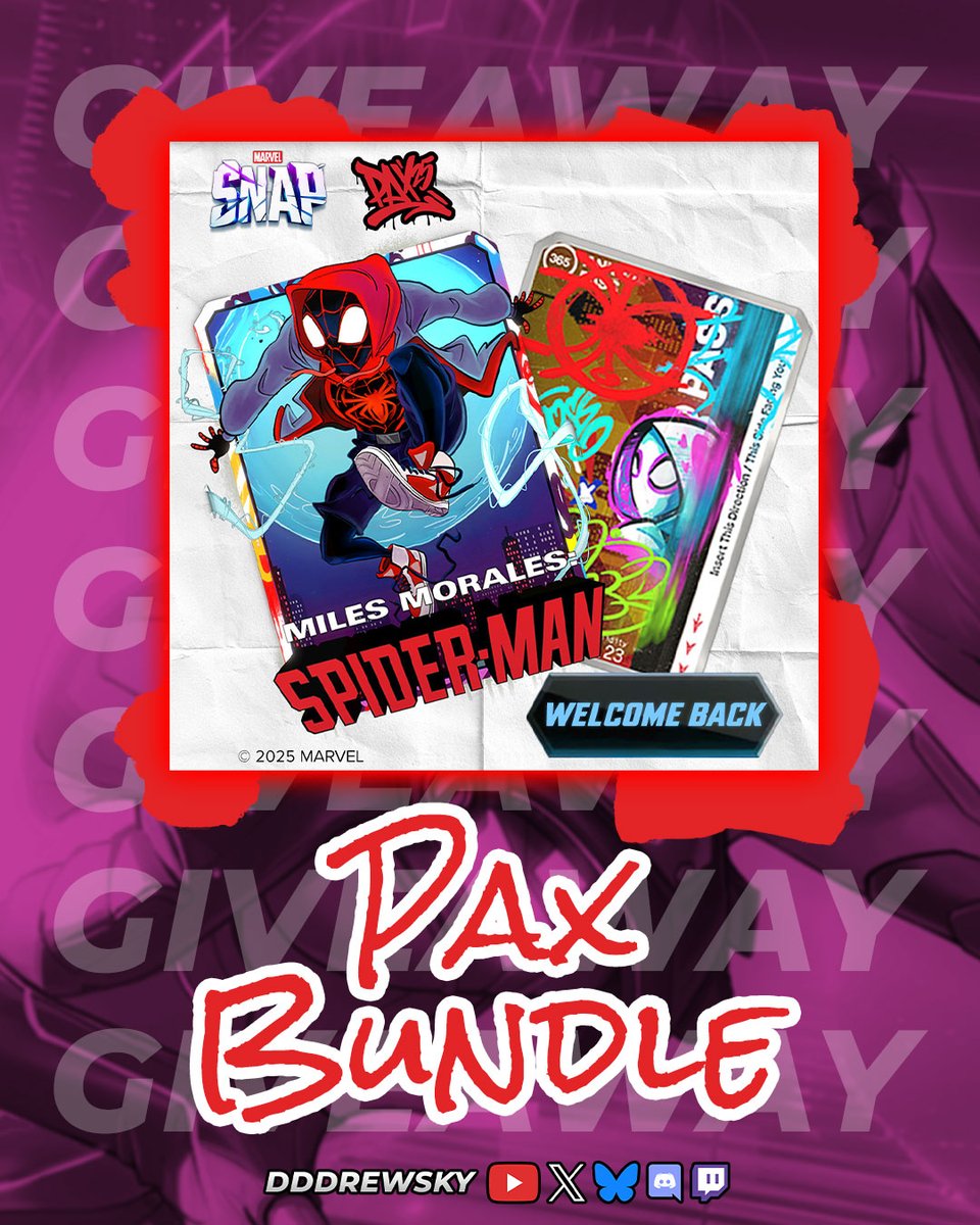 I'm giving away 1 Marvel Snap PAX Bundle! 🥳

Get an EXCLUSIVE Border, Variant, Card back, Title, AND Avatar!

To Enter:
1️⃣ FOLLOW <a href="/dddrewsky/">dddrewsky</a>
2️⃣ LIKE &amp; REPOST this!
3️⃣ TAG a Friend &amp; REPLY: What's your favorite archetype/deck to play?!

Ends on 9/18! Good luck! 🍀