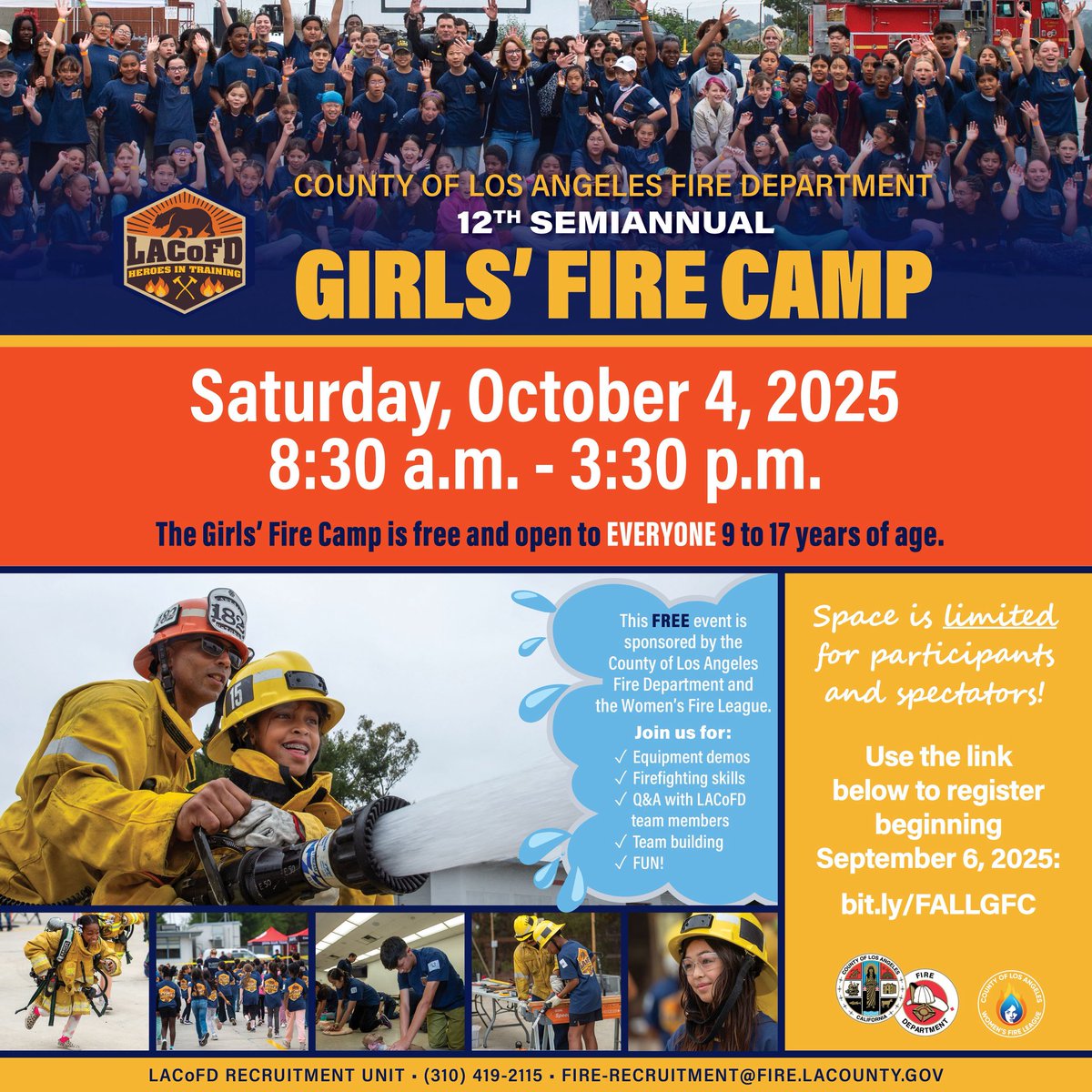 The #LACoFD Girls’ Fire Camp registration opens on 9/6!

This free one-day camp on 10/4 provides youth 9-17 years of age hands-on &amp;
interactive experiences to gain insights into the rewarding career of a firefighter.

For more info, visit fire.lacounty.gov/girls-fire-camp