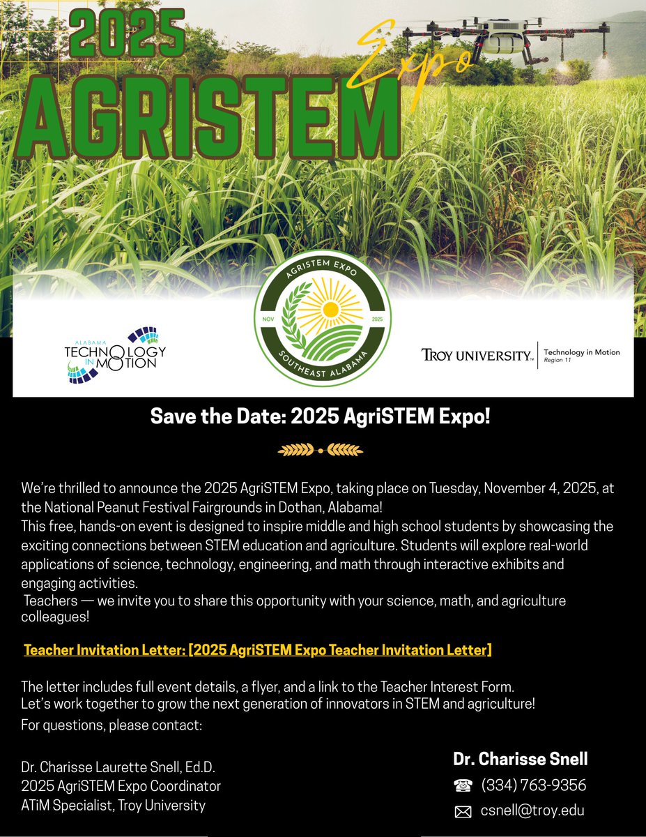 Dr. Charisse Snell (@atim_troyu) on Twitter photo Hello, Alabama Middle and High School teachers! The deadline to express interest in attending the 2025 AgriSTEM Expo event has been extended to September 30th. To receive the link to the form, please send your request to: csnell@troy.edu. <a href="/TeachwithALEX/">Alabama Learning Exchange 🍎 ALEX</a> <a href="/ATIMPD02/">ATIMPD!</a> <a href="/ALSDEEdTech/">ALSDE Educational Technology</a> Hello, Alabama Middle and High School teachers! The deadline to express interest in attending the 2025 AgriSTEM Expo event has been extended to September 30th. To receive the link to the form, please send your request to: csnell@troy.edu. <a href="/TeachwithALEX/">Alabama Learning Exchange 🍎 ALEX</a> <a href="/ATIMPD02/">ATIMPD!</a> <a href="/ALSDEEdTech/">ALSDE Educational Technology</a>