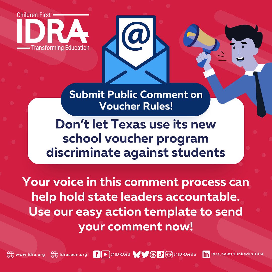 📢 Unfortunately, Texas is moving forward with its first statewide private school voucher program, and the proposed rules are flawed and could discriminate against students. 

You have until September 20th to submit public comment! #txlege 

idra.news/ActionVoucherR…