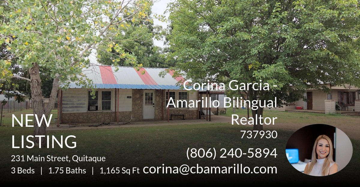 CorinaTxRealtor's tweet photo. 📍 New Listing 📍 Take a look at this fantastic new property that just hit the market located at 231 E Main St in Quitaque. Reach out here or at (806) 240-5894 for more information

Corina Garcia, Realtor
Coldwell Banker First Equi... https://t.co/katGXeX1X1 https://t.co/VV5EbibfIM