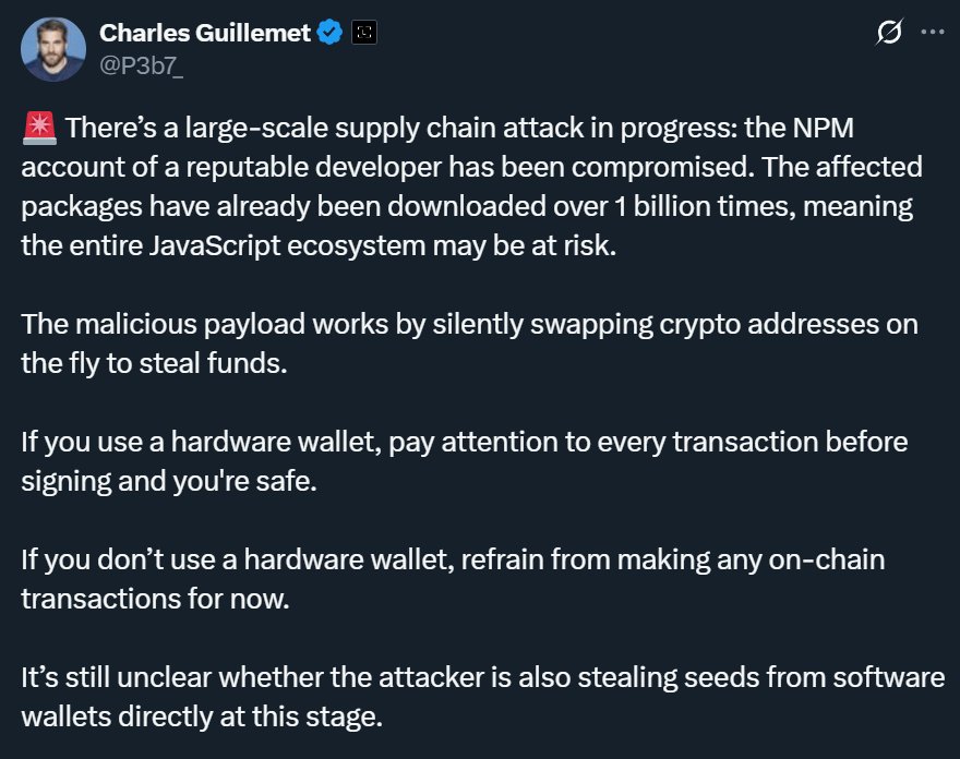 cryptocandy24x's tweet photo. LEDGER CTO SAYS "IF YOU USE A HARDWARE WALLET, PAY ATTENTION TO EVERY TRANSACTION BEFORE SIGNING AND YOU'RE SAFE.IF YOU DON’T USE A HARDWARE WALLET, REFRAIN FROM MAKING ANY ON-CHAIN TRANSACTIONS FOR NOW"

JavaScript compromised https://t.co/sfaSOklJgE
