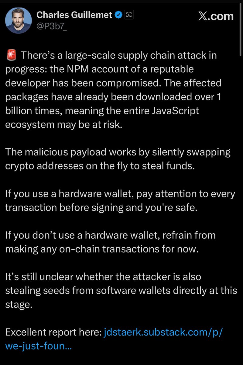 Screenshot of SolanaFloor's tweet warning about NPM supply chain attack