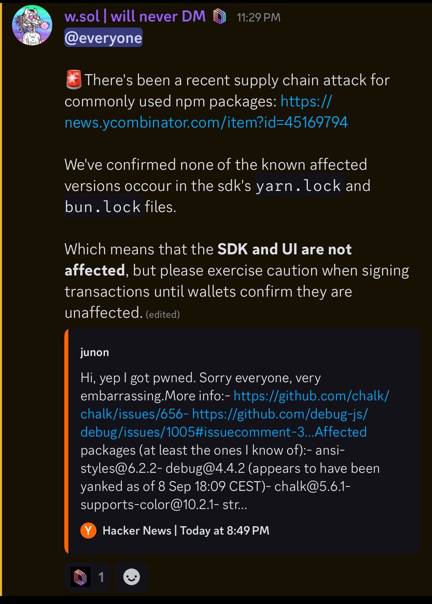 NPM 공급망 공격과 Solana SDK 안전성에 관한 w.sol의 디스코드 메시지 스크린샷