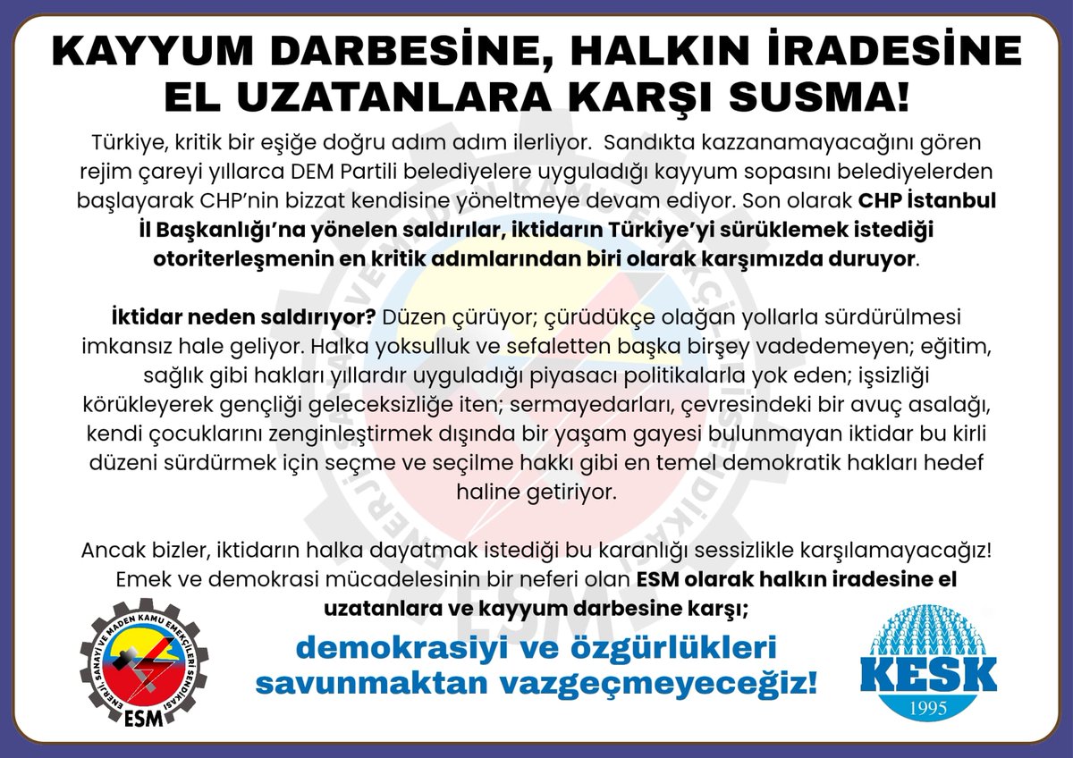 ESM Genel Merkez: Kayyum darbesine, halkın iradesine el uzatanlara karşı susma! Demokrasiyi ve özgürlükleri savunmaktan vazgeçmeyeceğiz! ⬇️