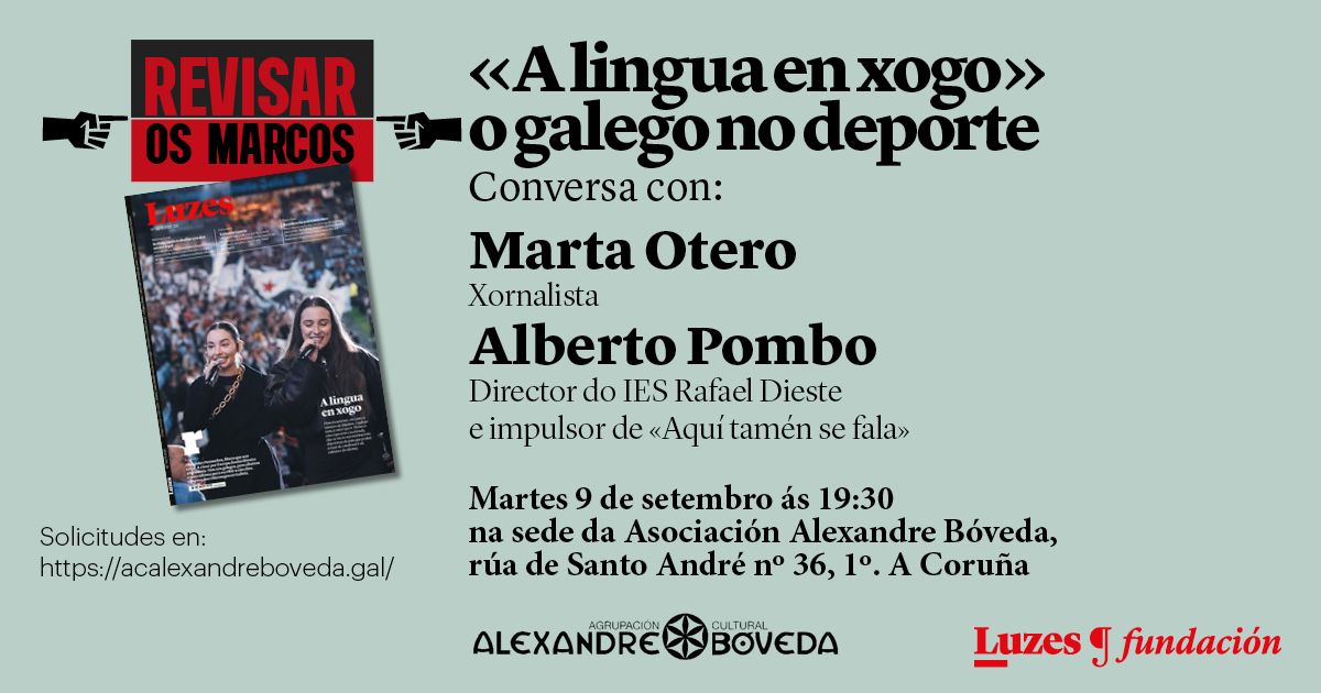 Mañá martes ás 19:30 na <a href="/ACBoveda/">AC. Alexandre Bóveda 🛰</a> conversaremos sobre «A lingua en xogo» o galego no deporte. Con <a href="/OteroTuitea/">Marta Otero Mayán</a> e <a href="/AlbertoPombo_/">Alberto Pombo</a> Director do @IESRafaelDieste, impulsor da iniciativa «Aquí tamén se fala» do mesmo centro, onde xurdíu a campaña «O Dépor é da Coruña».