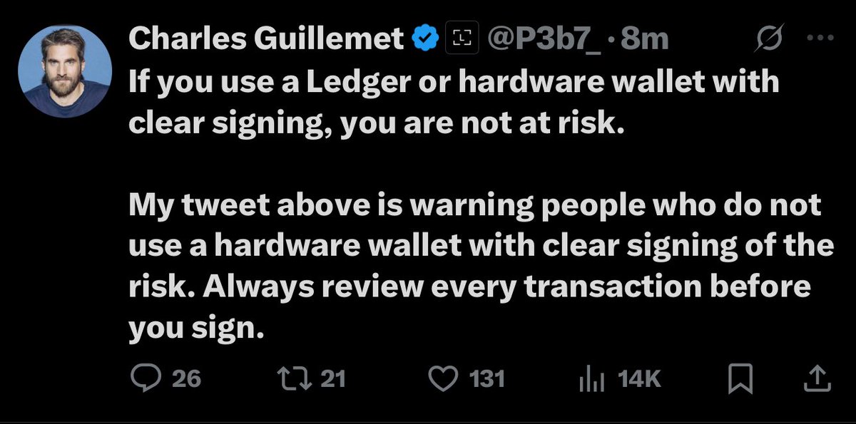 ColinTCrypto's tweet image. Hardware wallets not affected, as long as you *verify every transaction* and have “clear signing” enabled.

It’s software wallets that can be drained. 👇
