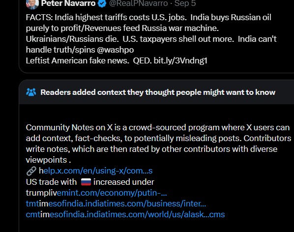 Big Breaking:

Peter Navarro breaks all records of Community Notes.

In the last 2 days, out of his 8 posts, 5 got Community Notes.

For this he abused Elon Musk, X, and now Indians.

<a href="/elonmusk/">Elon Musk</a> please ban this CNN of X he is spreading fake news.