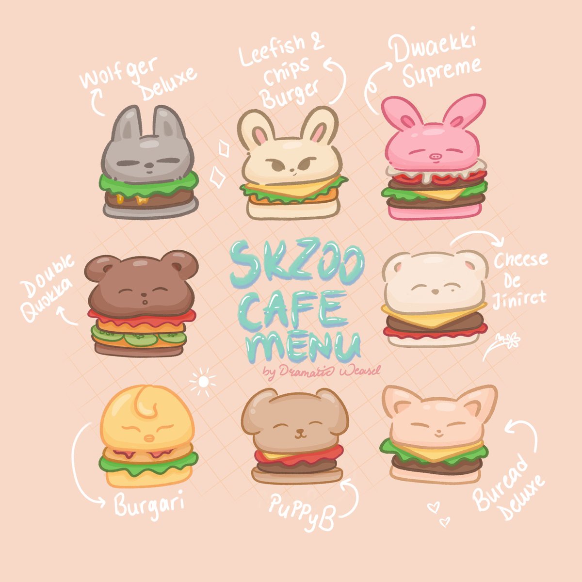 dramaticweasel's tweet photo. welcome to skzoo cafe! we only serve burgers. Enjoy!! 😊🫶🏻

#skzoofanart #skzoo #straykids https://t.co/k6s6QEBkDB
