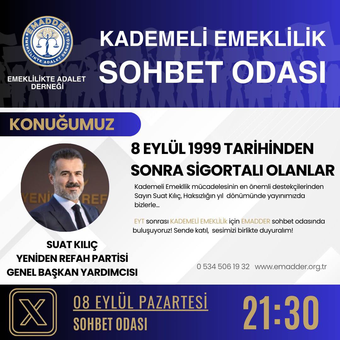 <a href="/EMADDER_KADEME/">EMADDER RESMİ SOHBET SAYFASI</a> Eşitlik ilkesi yerle bir edildi, toplumsal vicdan yaralandı. Bir gün için milyonların ömründen 17 yıl çalındı. İnsanlar arasında ayrımcılık yarattınız, alın terine sırt çevirdiniz. Bu zulme son verilmeli.
<a href="/EmadDernegi/">EMEKLİLİKTE ADALET DERNEĞİ ⚖️</a>
#UtançTarihiSekizEylül
<a href="/suatkilic/">Suat KILIÇ</a>