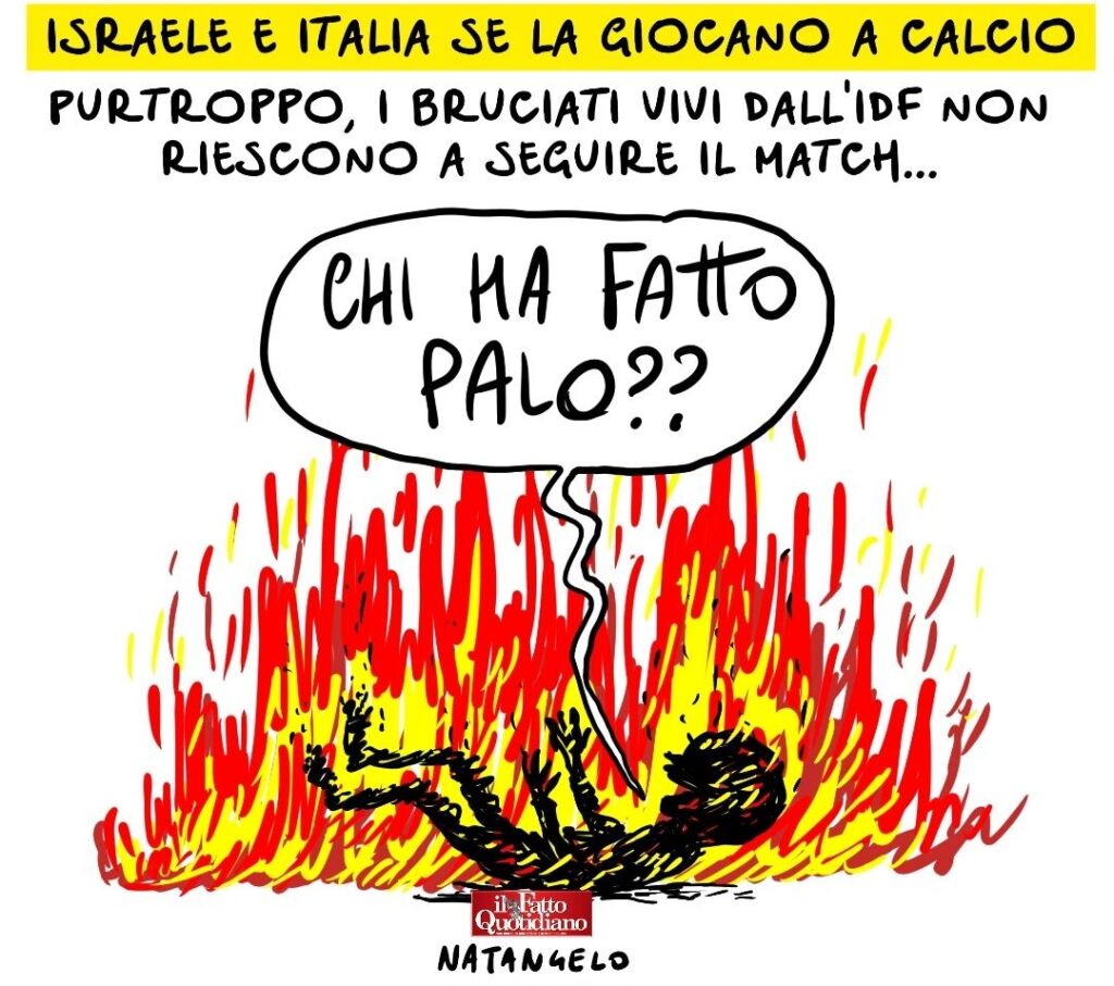 Stasera la nazionale italiana scende di nuovo in campo a giocare con quella israeliana. Ripubblico questa mia vignetta pubblicata da Il Fatto Quotidiano il 10 ottobre 2024. Sempre valida.

#israeleItalia  #palestina  #vignetta #fumetto #memeitaliani #umorismo #satirapolitica
