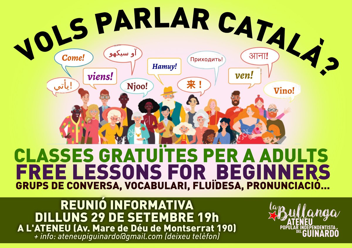 Tornem a engegar els cursos de conversa de català a la Bullanga. Tres nivells: acollida, inicial i avançat. Cada dilluns de 19:00 a 20:00 hores. Inici i presentació 27 de setembre. Us hi esperem!!!