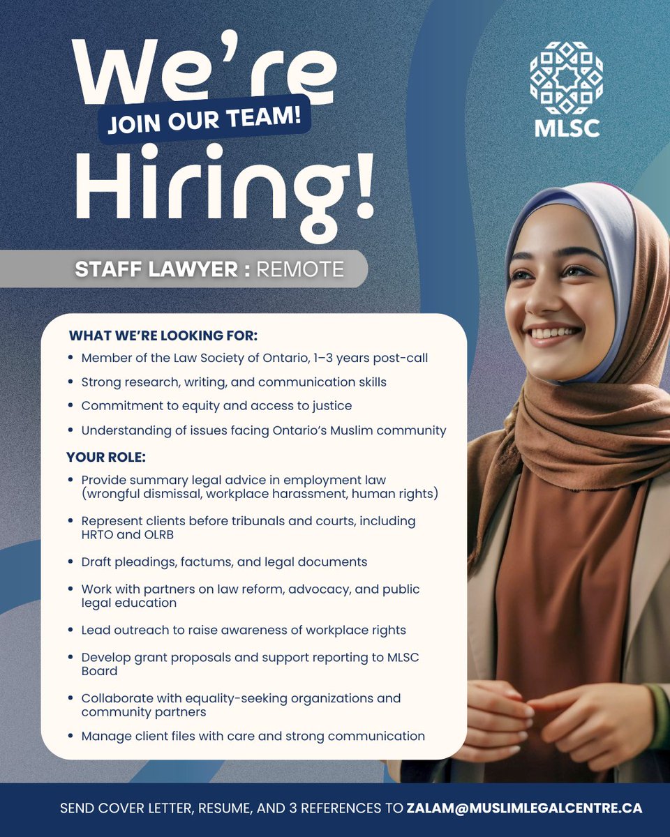 MLSC_Ontario's tweet photo. We’re hiring a Staff Lawyer!

Full-time, remote, immediate start.
Help advance workplace justice with MLSC while building expertise in employment &amp; workplace rights.

📩 Apply: zalam@muslimlegalcentre.ca
🔗 Please see full posting: https://t.co/iB03V13KtI

#HiringNow https://t.co/NEPcQaRHXo