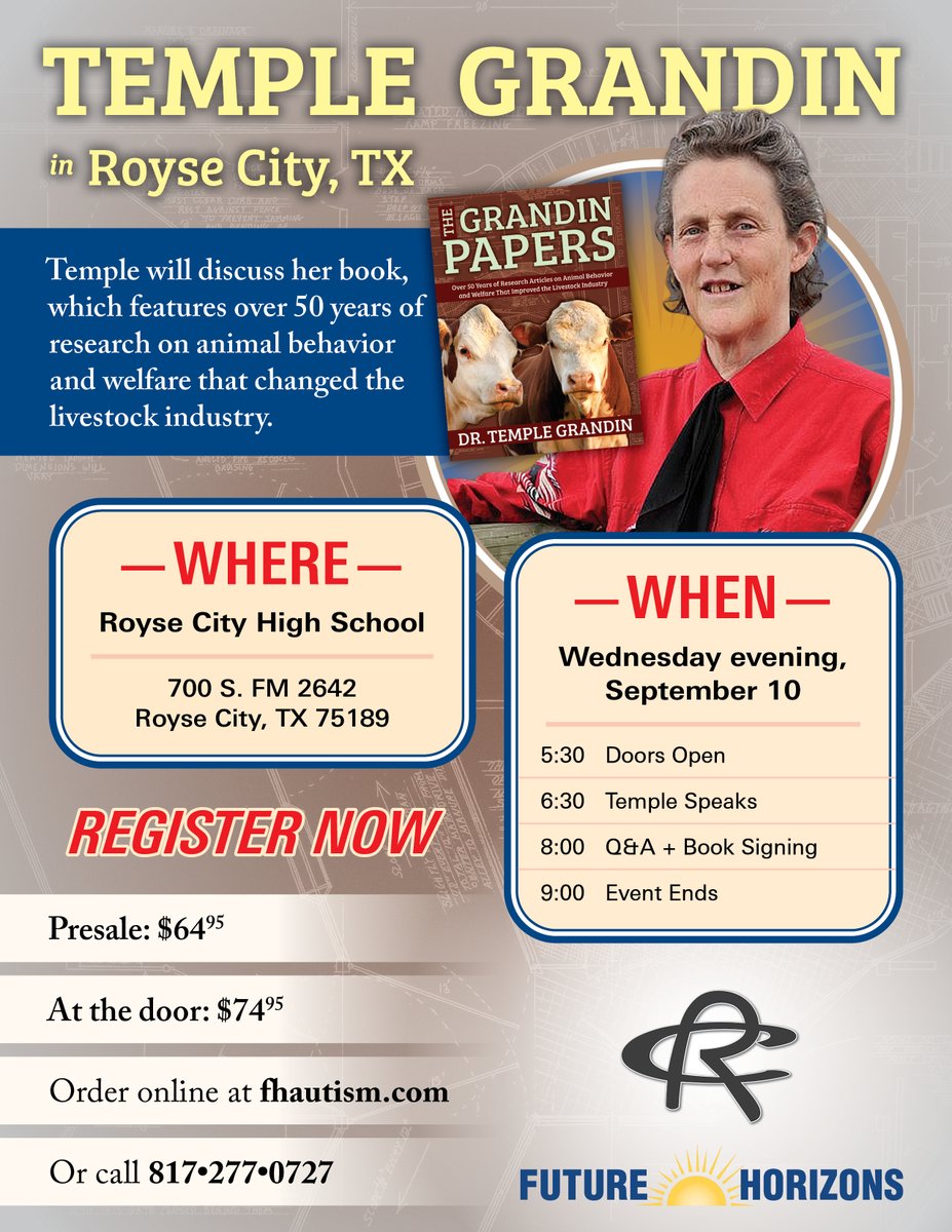 LAST CHANCE! Meet Dr. Temple Grandin in Royse City, TX!
Temple Grandin, a pioneer in understanding animal behavior, shares 50+ years of insight in her conference based on The Grandin Papers—all about animals!

Sign up today! tinyurl.com/TG-Royse-City-…