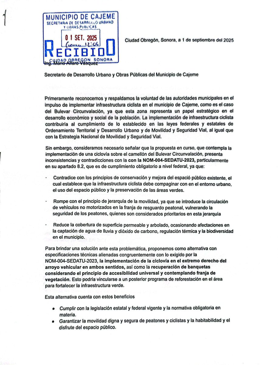 A inicios del mes de septiembre presentamos al <a href="/MunicipioCajeme/">Municipio de Cajeme</a>  y al alcalde <a href="/JavierLamarque_/">Javier Lamarque</a>  una propuesta de integración de ciclovía en la actual obra de rehabilitación del Bulevar Circunvalación en Ciudad Obregón (1/4)
