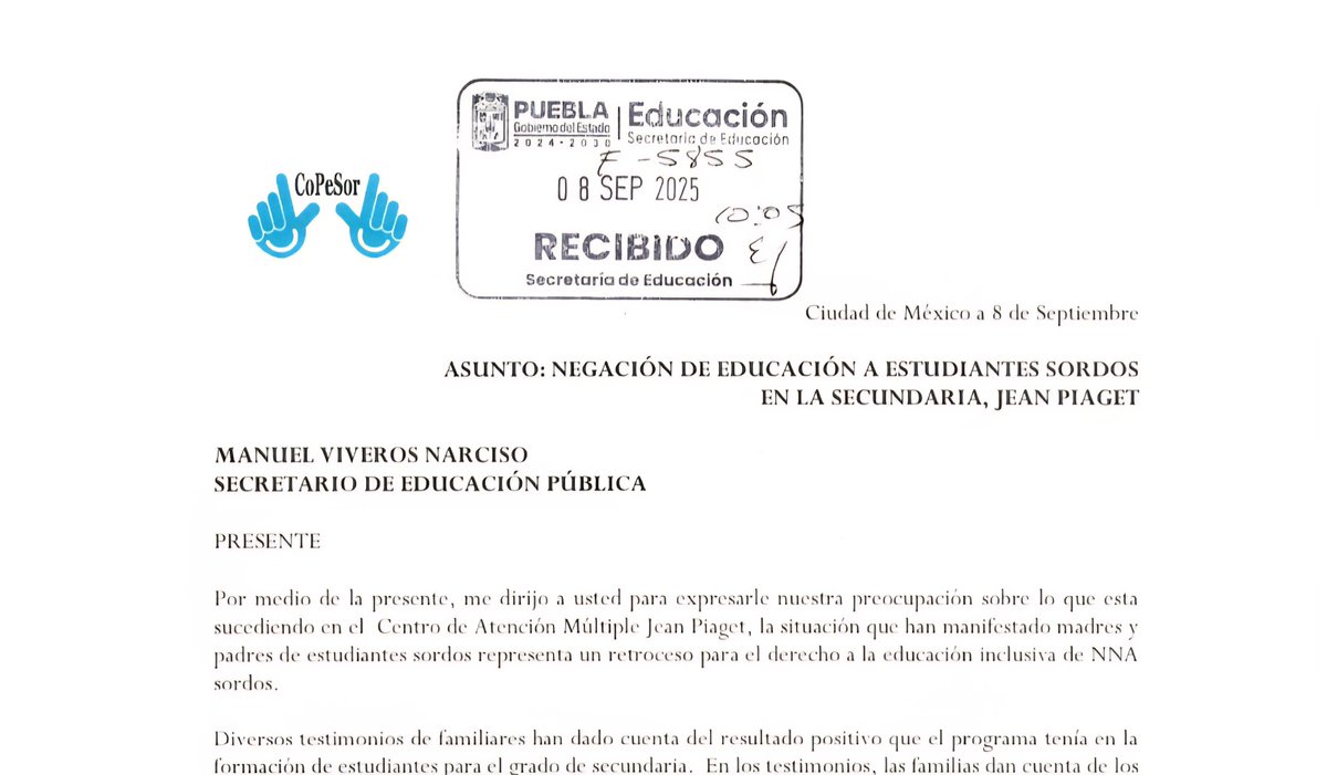 Pedimos a <a href="/SEPGobPue/">Secretaría de Educación Pública</a> <a href="/ManuelVive_/">Manuel Viveros</a> diálogo urgente con estudiantes sordos y familias del CAM Jean Piaget, no permitamos el retroceso en el modelo educativo con resultados positivos en el derecho a la educación de estudiantes sordos, que su discurso no se quede en un mural.