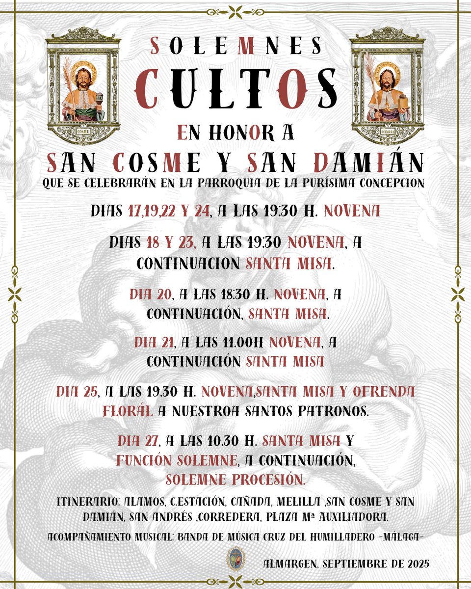 Cultos y celebraciones en honor a nuestros santos mártires que se realizarán durante el mes de septiembre.