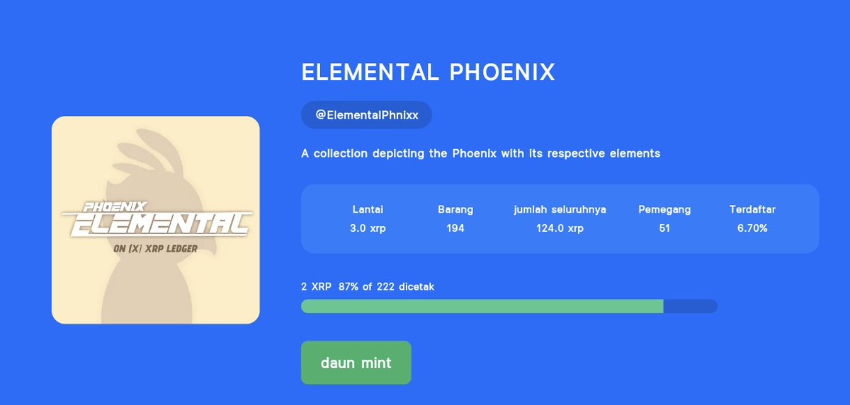 #ElementalPhnix Almost minted out! 🔥🐦‍🔥 (194/222)

Mint here :
2 XRP/mint
Xrp.cafe/collection/ele…

#XRP #XRPcafe #XRPCommunity #NFTa