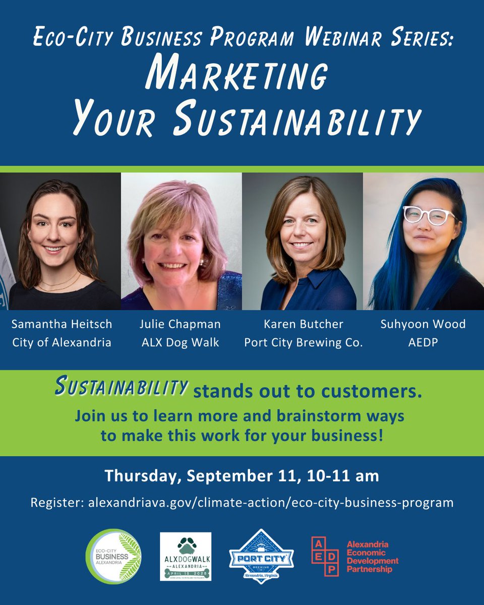 Join the Eco-City Business Program’s interactive webinar on September 11 to learn how your business can use sustainability to attract and retain customers! 

To register and see more details, visit alexandriava.gov/EcoCityBusiness.
