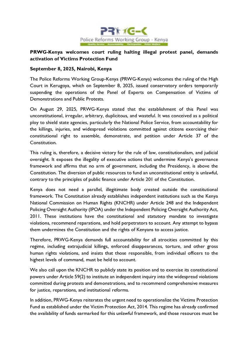 ReformsGroup's tweet image. Press statement welcoming the court ruling temporarily suspending the operations of the Panel of Experts on Compensation of Victims of Demonstrations and Public Protests.
Kenya does not need a parallel, illegitimate body created outside the constitutional framework.