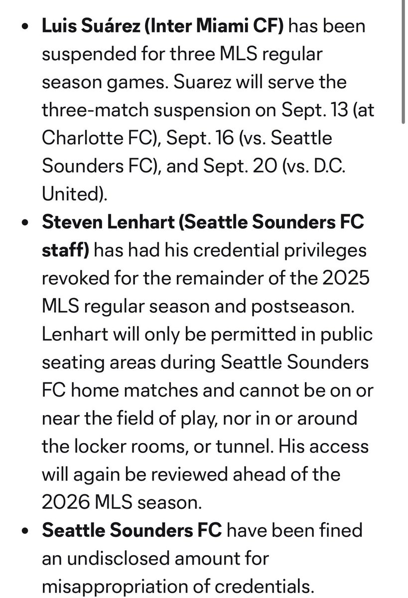 Michael_James32's tweet photo. I expected nothing and yet was still left disappointed. Suarez only getting three matches is a joke (yes, it’s the same that Herrera got, but this was worse). Busquets getting away with nothing is wild

I’m glad that neither Ragen or JB got suspended tho
#Sounders https://t.co/n4JqyIY3TT