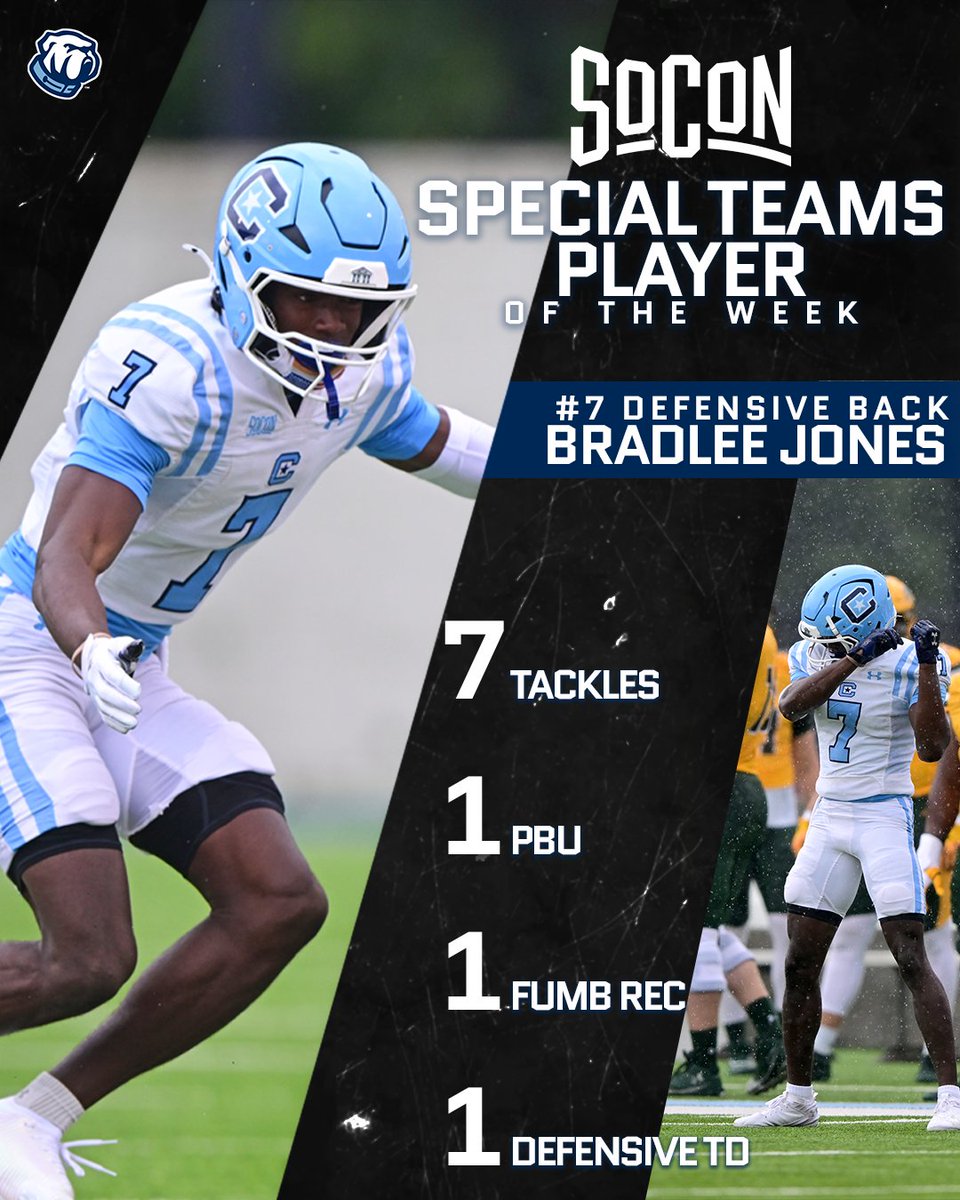 The Citadel Football (@citadelfootball) on Twitter photo What could possibly be better than one <a href="/SoConSports/">The Southern Conference</a> Player of the Week honor? π§
How does TWO sound βοΈ π€©π€―
Congrats to WR Javonte Graves-Billips (Offensive) & DB Bradlee Jones (Special Teams) on the recognition!
Full story ‡οΈ
π°: bit.ly/3V4lOwz
#FireThoseCannons What could possibly be better than one <a href="/SoConSports/">The Southern Conference</a> Player of the Week honor? π§
How does TWO sound βοΈ π€©π€―
Congrats to WR Javonte Graves-Billips (Offensive) & DB Bradlee Jones (Special Teams) on the recognition!
Full story ‡οΈ
π°: bit.ly/3V4lOwz
#FireThoseCannons