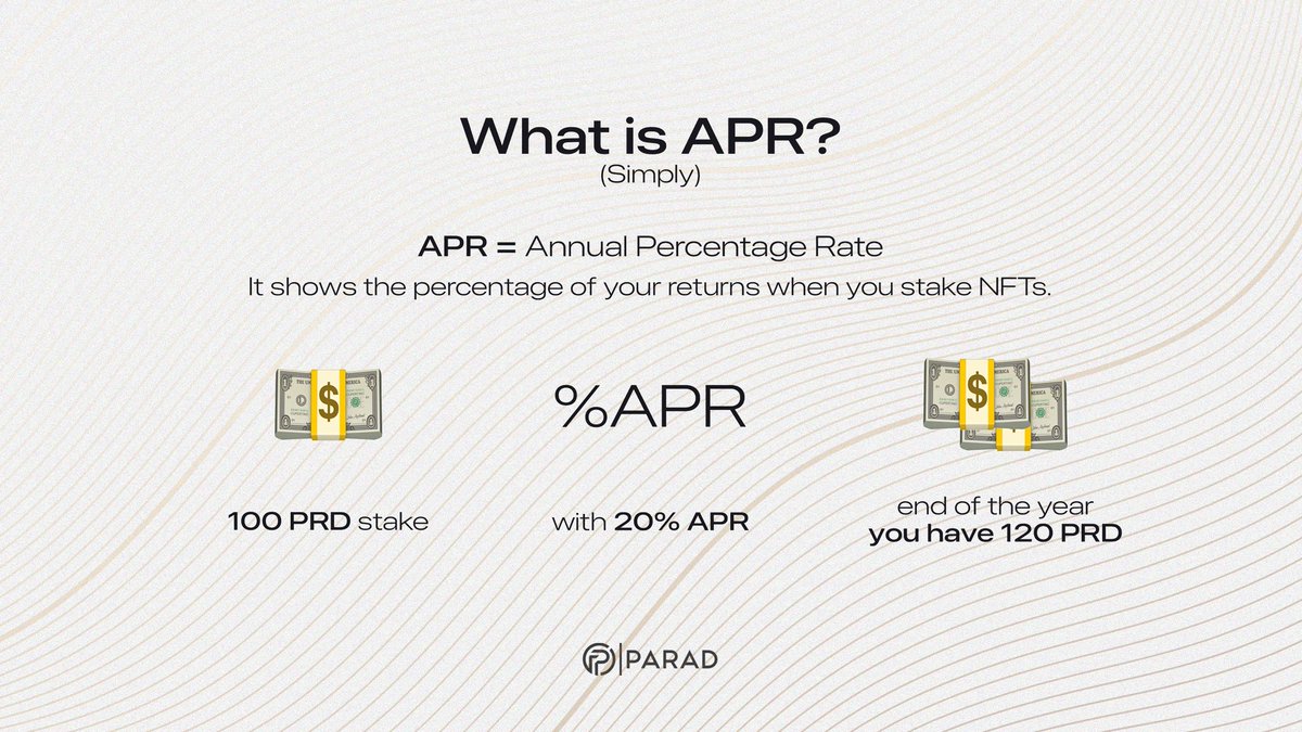 prddao's tweet image. What is APR? 🤔

APR = Annual Percentage Rate.
It shows how much you can earn when you stake your NFTs.

Example: Stake 100 PRD → with 20% APR → at the end of the year you have 120 PRD 💰

#DeFi #Crypto #ParadDAO #NFTstaking #APR #PassiveIncome