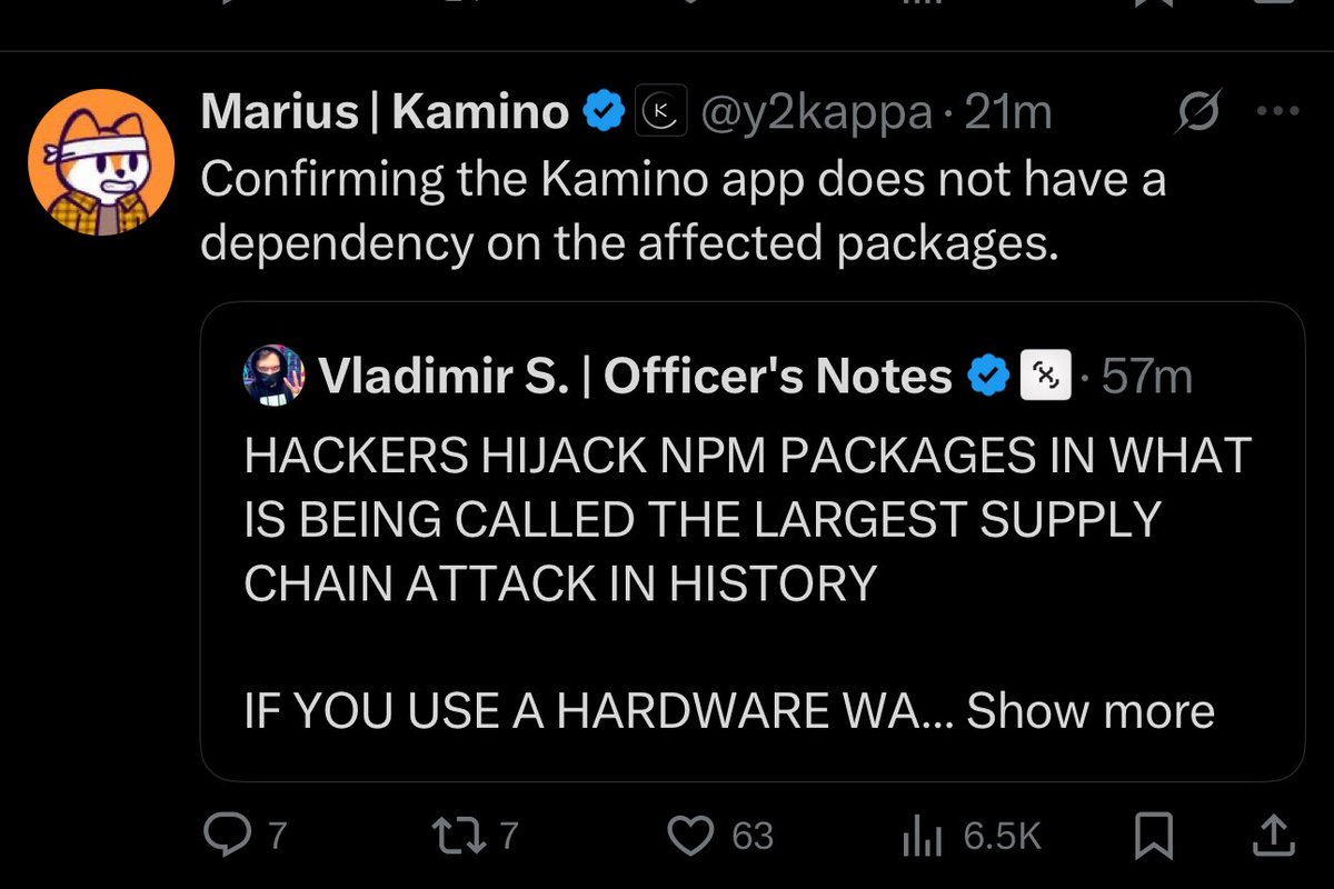 Screenshot of Kamino Finance co-founder confirming no dependency on affected NPM packages amid supply chain attack
