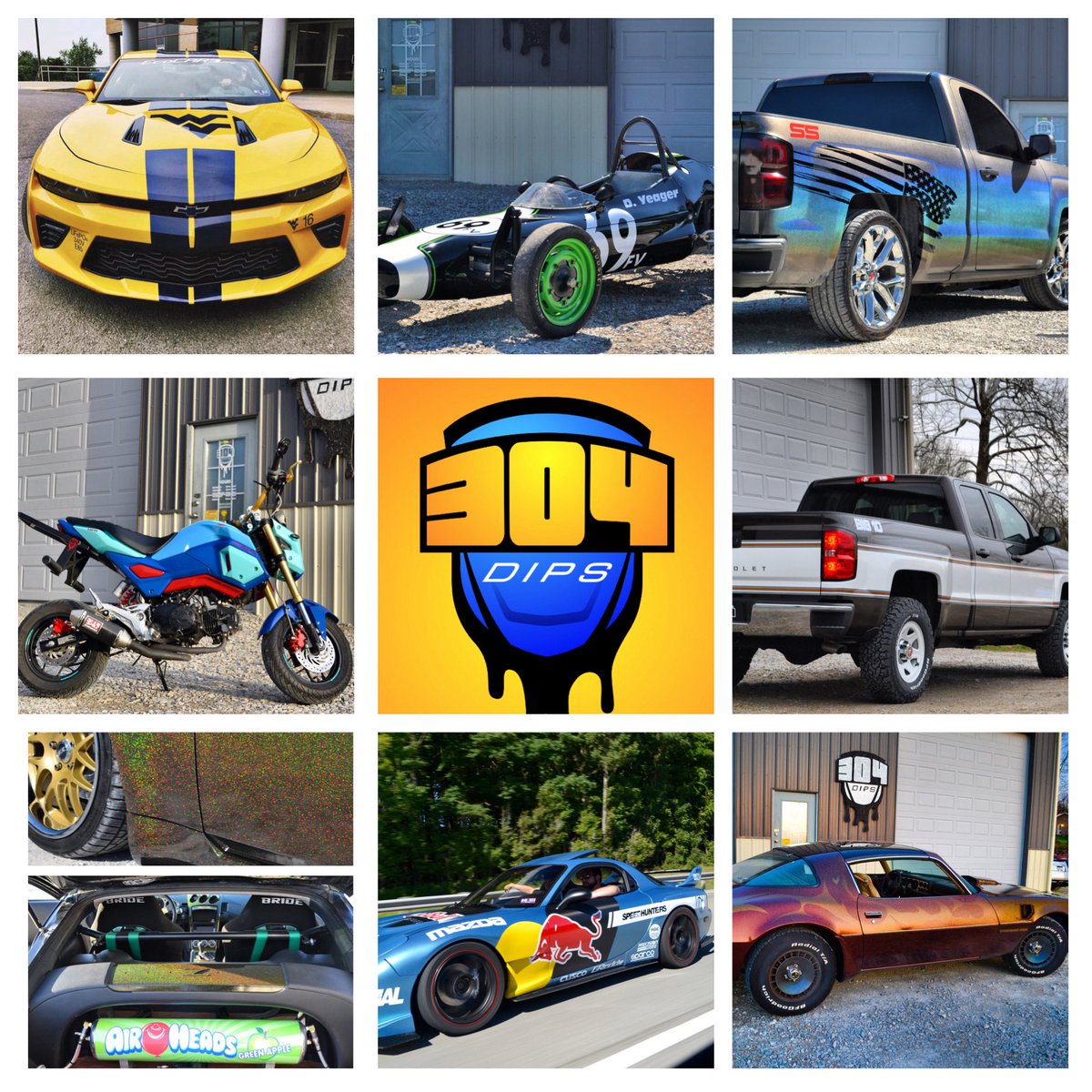 304Dips's tweet photo. Our best throwback livery’s!
1. WVU themed EcoCar Camaro
2. Vintage Formula Vee Racecar
3. Holographic American Racing Chevy SS 
4. Mega Man Themed Honda Grom
5. Retro “Big 10” Chevy Pickup
6. Airhead Themed Gold Holographic 350Z
7. Red Bull Mazda RX-7
8. Ghost Flamed Firebird https://t.co/lA67p3HSkC