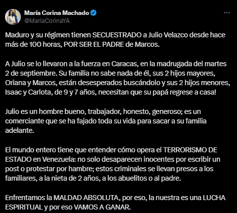 eldiario's tweet photo. #8Sep | La líder opositora María Corina Machado denunció que el dirigente político Julio Velazco tiene más de 100 horas “secuestrado”. 

“A Julio se lo llevaron a la fuerza en Caracas, en la madrugada del #2Sep. Su familia no sabe nada de él, sus 2 hijos mayores, Oriana y Marcos, están desesperados buscándolo”, apuntó Machado en su perfil de la red social X.